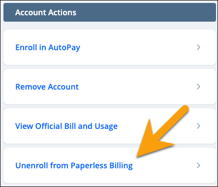 arrow pointing to menu option that says Unenroll from Paperless Billing